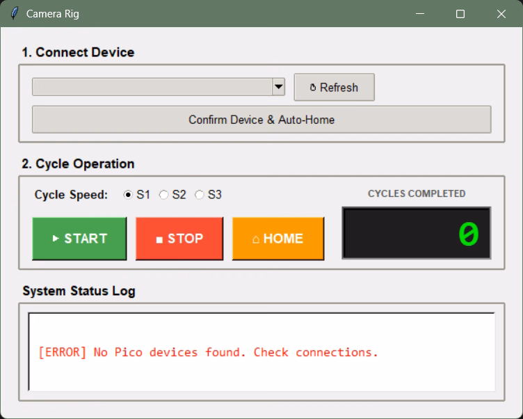 The delivered Python control application - connect, choose a cycle speed, run